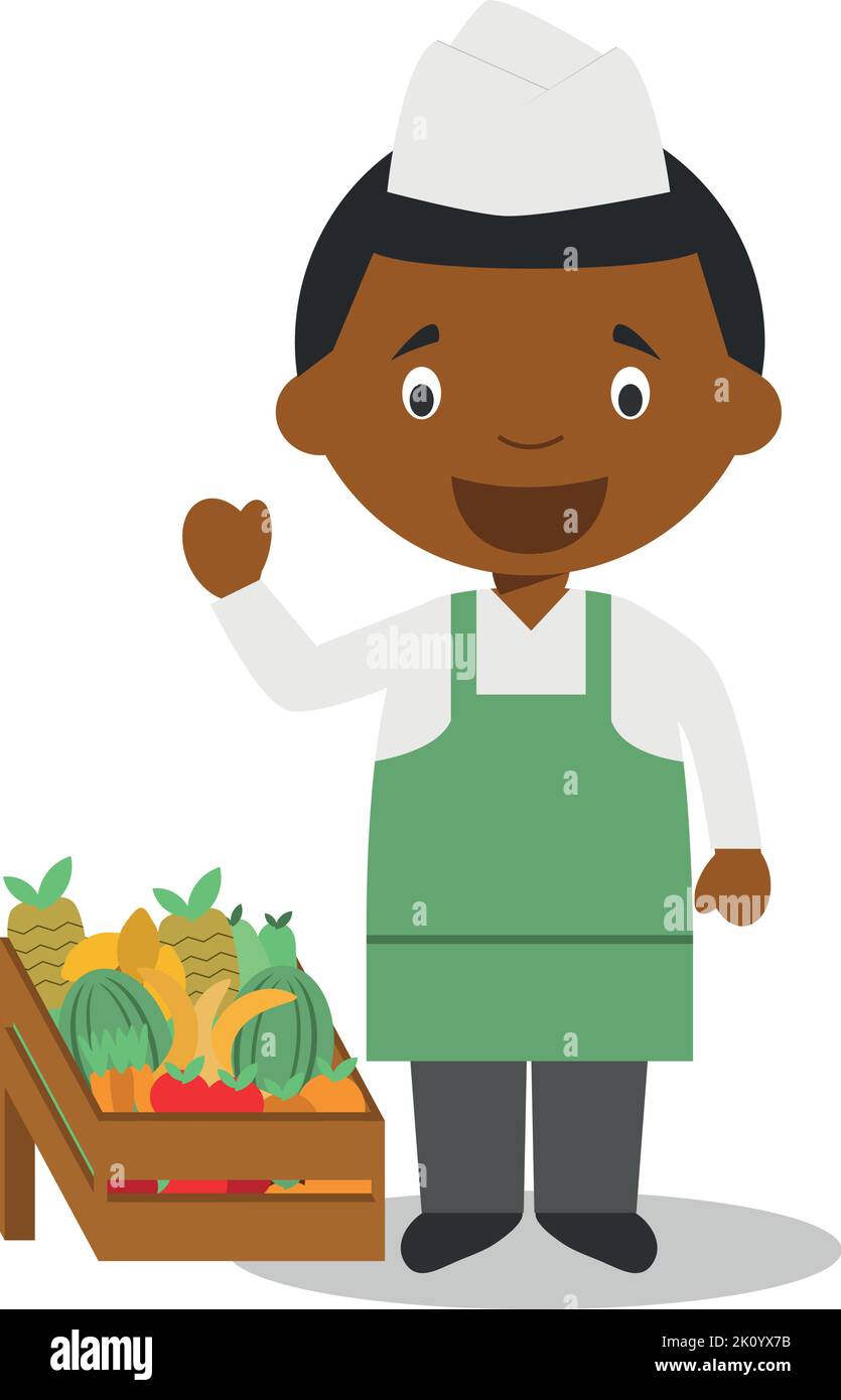 Illustration vectorielle mignon d'un vendeur de fruits noir ou afro-américain. Illustration de Vecteur