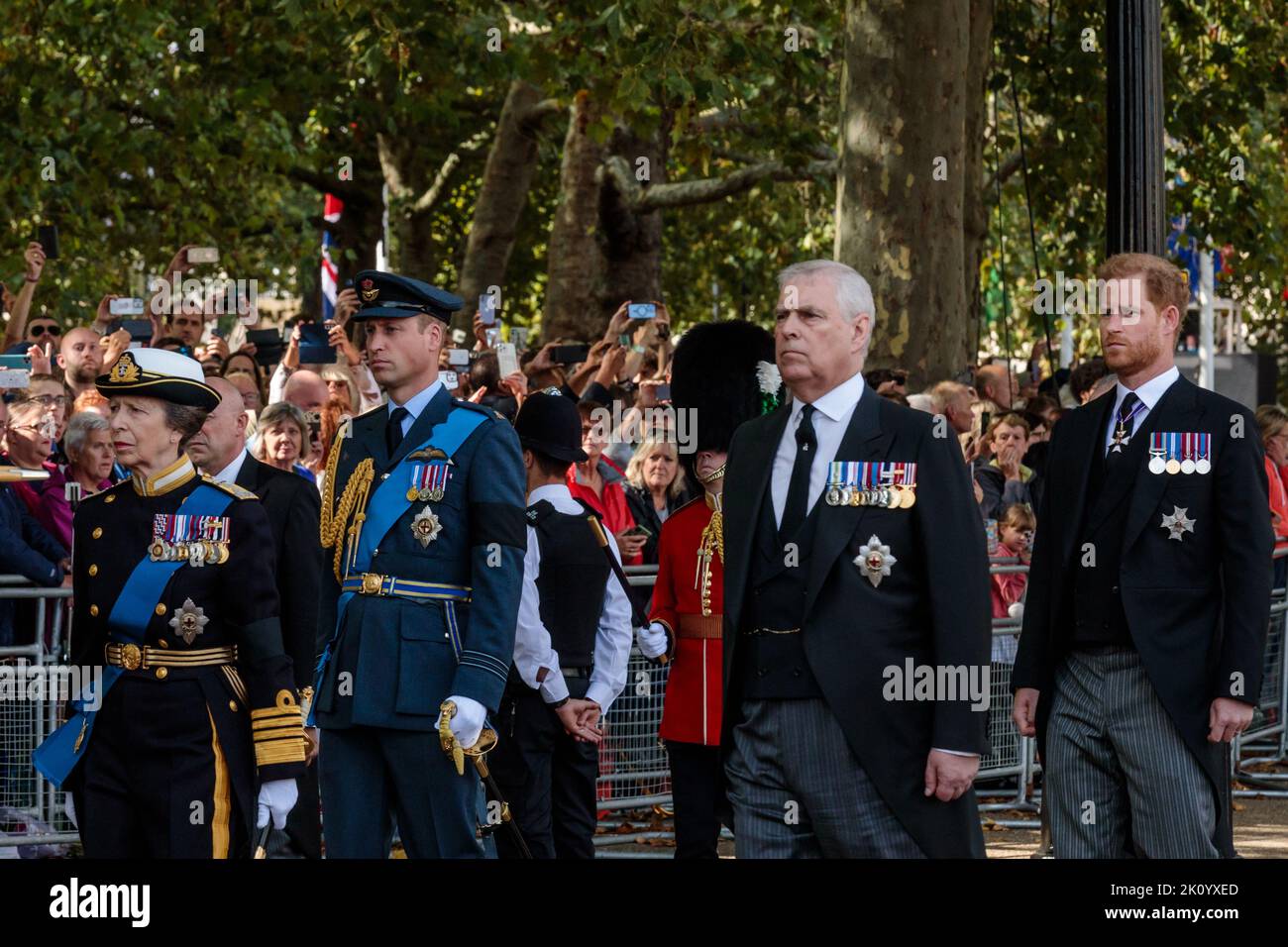 Horse Guards Parade, Londres, Royaume-Uni. 14th septembre 2022. Le cortège qui emmenera sa Majesté la reine Elizabeth II du palais de Buckingham au palais de Westminster, où elle sera dans l'État jusqu'à ses funérailles de lundi, passe par la parade des gardes à cheval. Princesse Anne, prince William, prince Andrew, prince Harry. Amanda Rose/Alamy Live News Banque D'Images