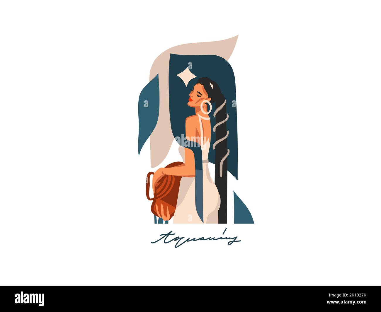 Dessin à la main vecteur stock abstrait plat illustration graphique avec le signe astrologique de zodiaque Aquarius avec beauté magie femelle collection, dessin animé artistique Illustration de Vecteur