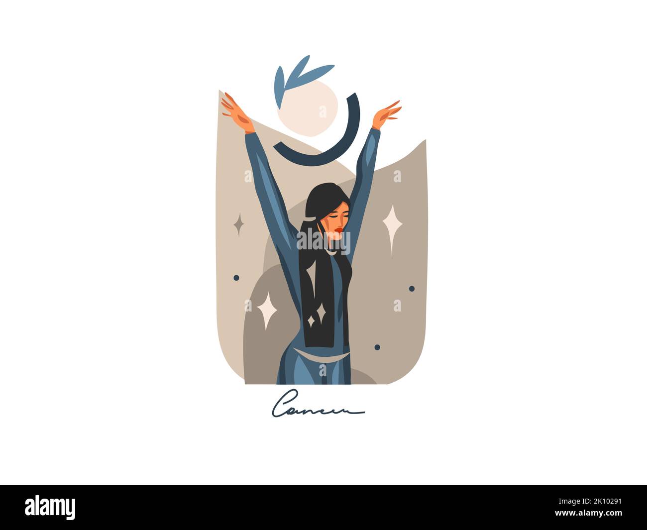 Dessin à la main vecteur stock abstrait plat illustration graphique avec zodiaque astrologique signe contemporain cancer avec beauté magie personnage femelle Illustration de Vecteur