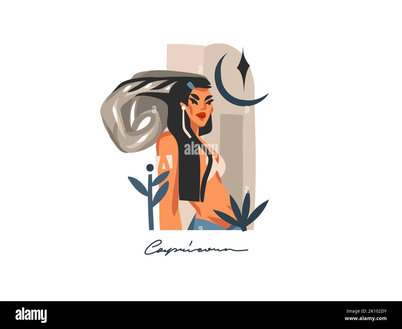 Dessin à la main vecteur stock abstrait plat graphique illustration avec zodiaque astrologique contemporain signe Capricorne avec beauté magie personnage femelle Illustration de Vecteur