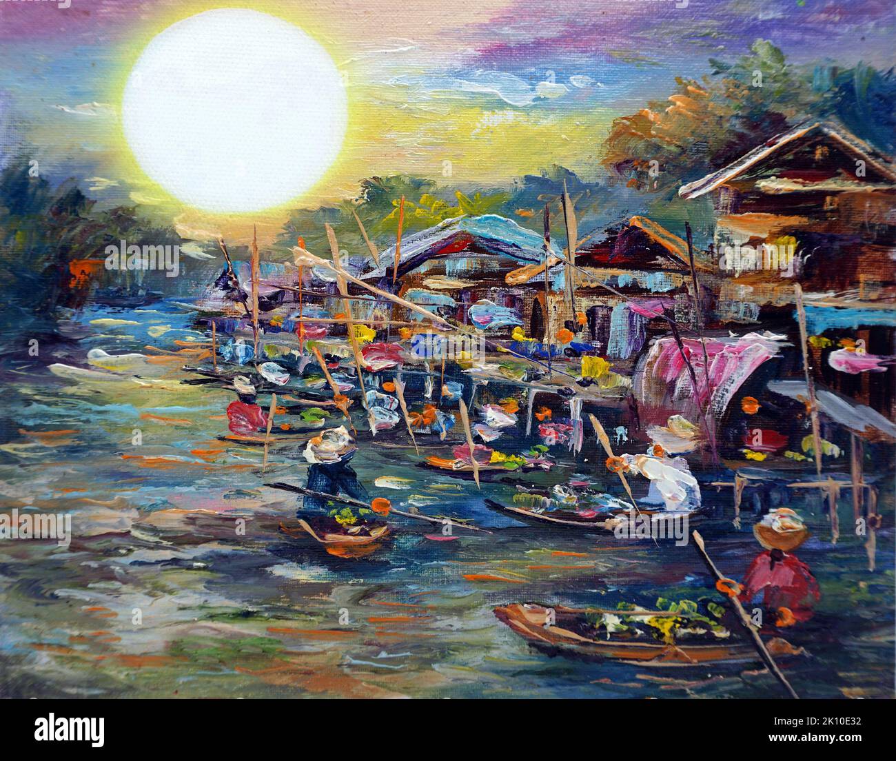 Peinture d'art couleur de l'huile marché flottant Thaïlande , vie rurale , Thaïlande rurale Banque D'Images
