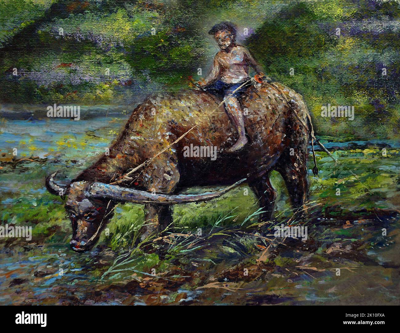 Peinture à l'huile enfants chevauchant des buffles dans les provinces de Thaïlande , agriculture biologique Banque D'Images