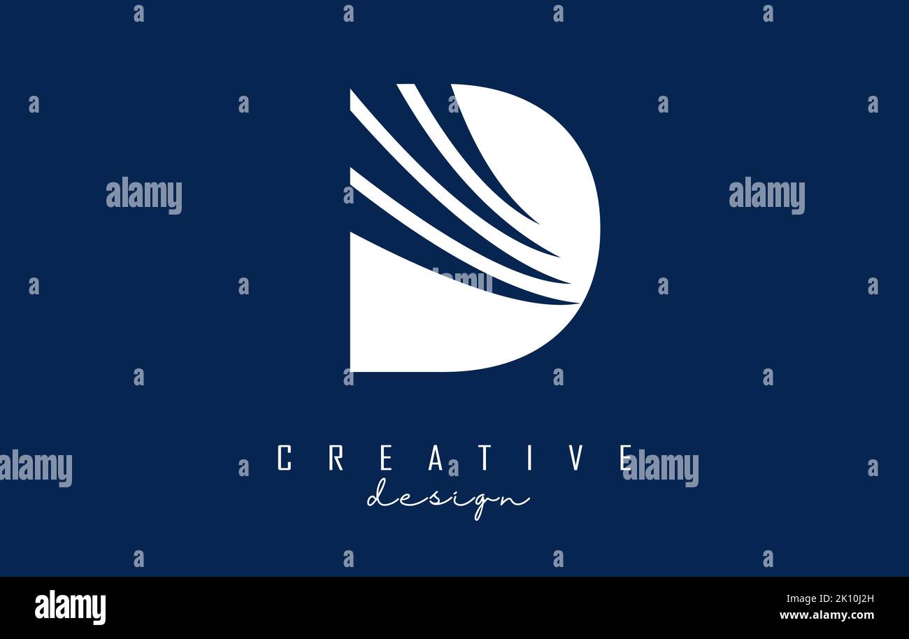 Logo D blanc avec lignes de tête et motif espace négatif. Lettre avec motif géométrique et de coupures créatives. Illustration vectorielle avec lettre. Illustration de Vecteur