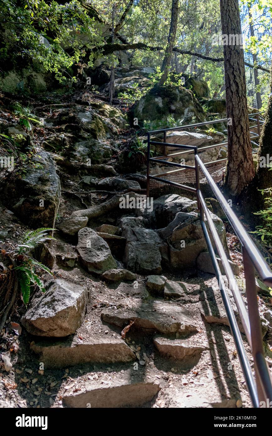 Les marches en pierre abruptes et accidentées et les balustrades conduisent les visiteurs au point de vue des chutes du Whiskeytown supérieur, près de Redding, Californie. Banque D'Images