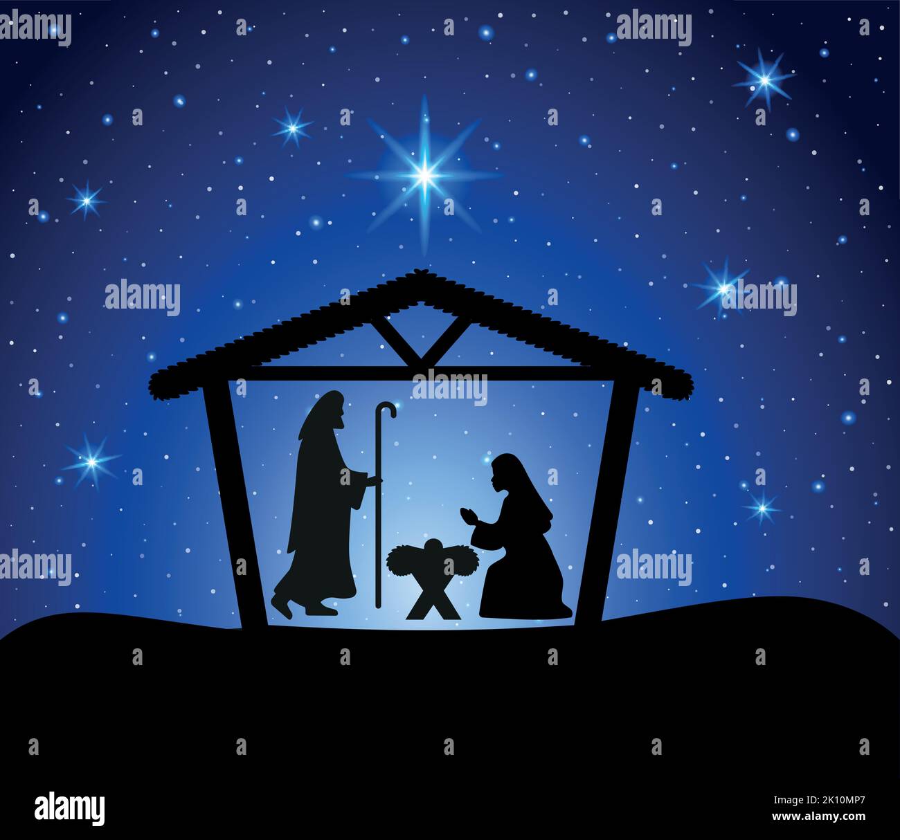 Scène de la nativité de Noël avec le bébé Jésus, Marie et Joseph dans le manger.Traditional christian christmas Story. Illustration vectorielle pour les enfants. Illustration de Vecteur