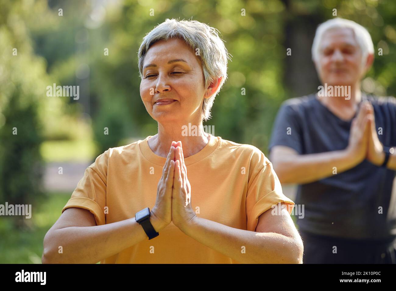 Couple actif plus âgé pratiquer la méditation avec les yeux fermés poser dans le parc d'été bras pliés fait mudra ou signe Namaste, faire l'exercice de yoga dehors, lui Banque D'Images