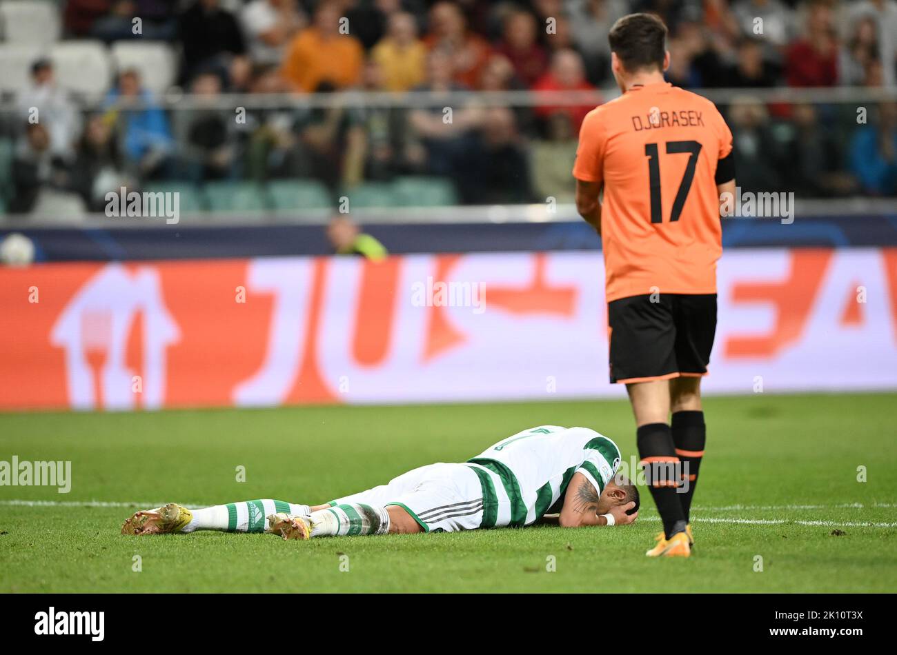 Giorgos Giakoumakis du Celtic a manqué une chance lors du match F de l'UEFA Champions League au stade municipal de Legia Varsovie à Varsovie, en Pologne. Date de la photo: Mercredi 14 septembre 2022. Banque D'Images