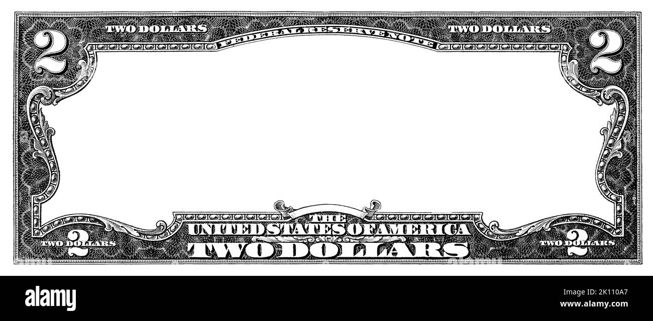 Un billet de 2 dollars US avec une zone vide transparente au milieu pour la conception Banque D'Images