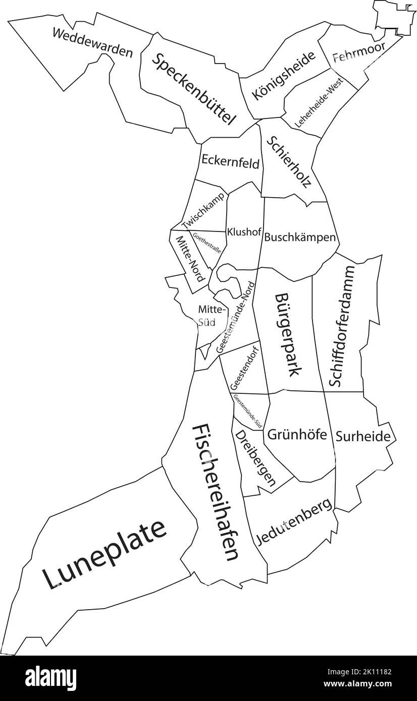 Carte administrative à vecteur plat blanc de BREMERHAVEN, ALLEMAGNE avec des étiquettes de nom et des lignes de bordure noires de ses quartiers Illustration de Vecteur