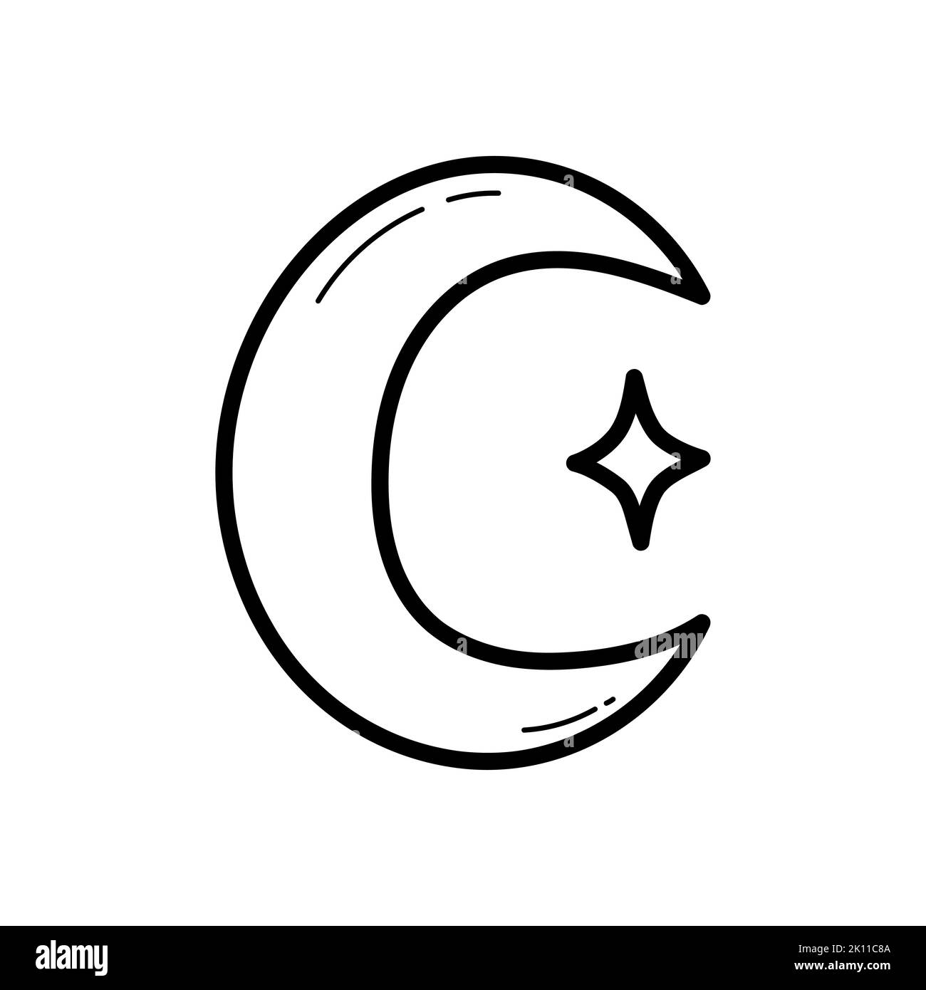 Lune avec étoile. Élément mystique, ethnique main-dessiné Doodle icône. Élément unique. Illustration vectorielle pour les dessins, les impressions et les posters modernes. Contour Illustration de Vecteur