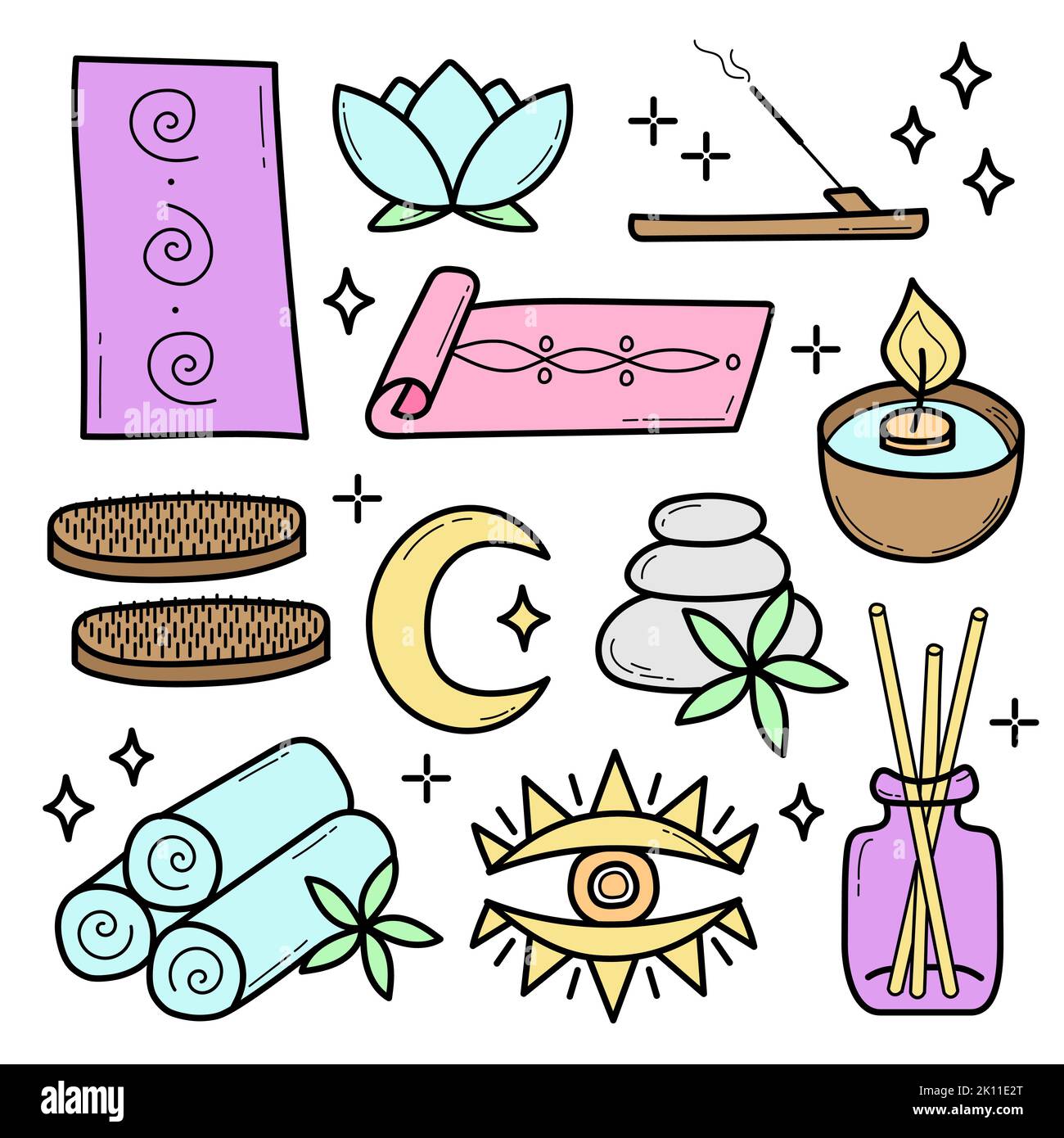 Ensemble vectoriel d'icônes de spa et de yoga. Style esquisse ou caniche sur blanc. Éléments colorés pour la conception de l'application, site Web, prospectus Illustration de Vecteur
