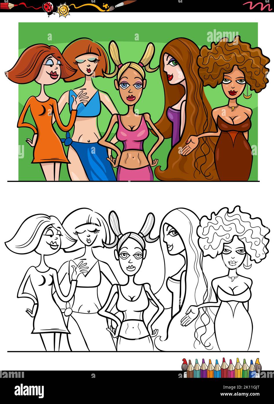 Dessin animé illustration de belles jeunes femmes caractères groupe coloriage page Illustration de Vecteur