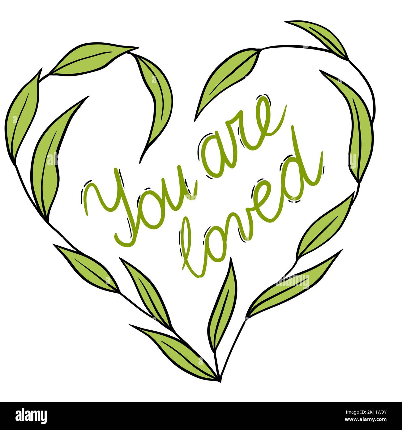 Illustration en forme de coeur avec des fleurs que vous êtes aimé mot. Motif floral noir ligne contour pour les cartes d'affiche avec amour St Valentin feuilles fleur Marguerite, affirmation de motivation Banque D'Images