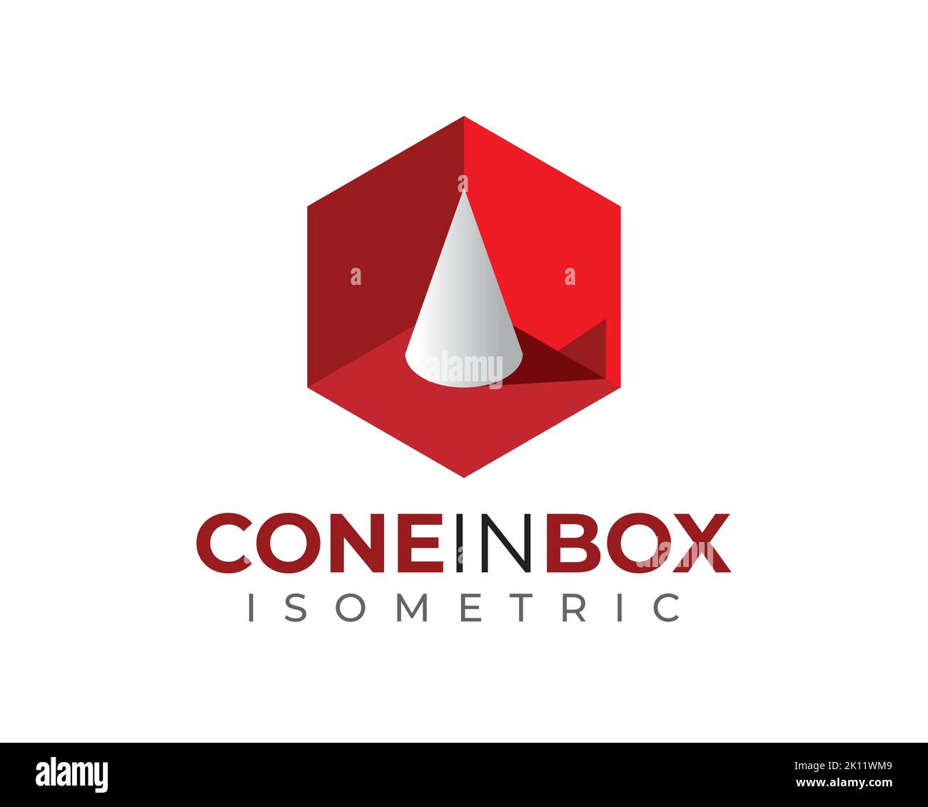 Cône isométrique blanc à 3D 3 dimensions à l'intérieur d'une boîte hexagonale rouge avec lumière et ombre Illustration de Vecteur