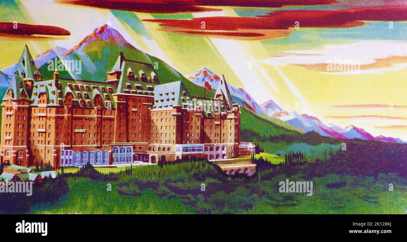 1947 publicité américaine en couleur pour l'hôtel Banff Springs ( Fairmont Banff Springs, Banff, Canada, construit en 1888, sous la forme d'un manoir Baronial écossais et rouvert à la fin de la guerre en 1945. Banque D'Images