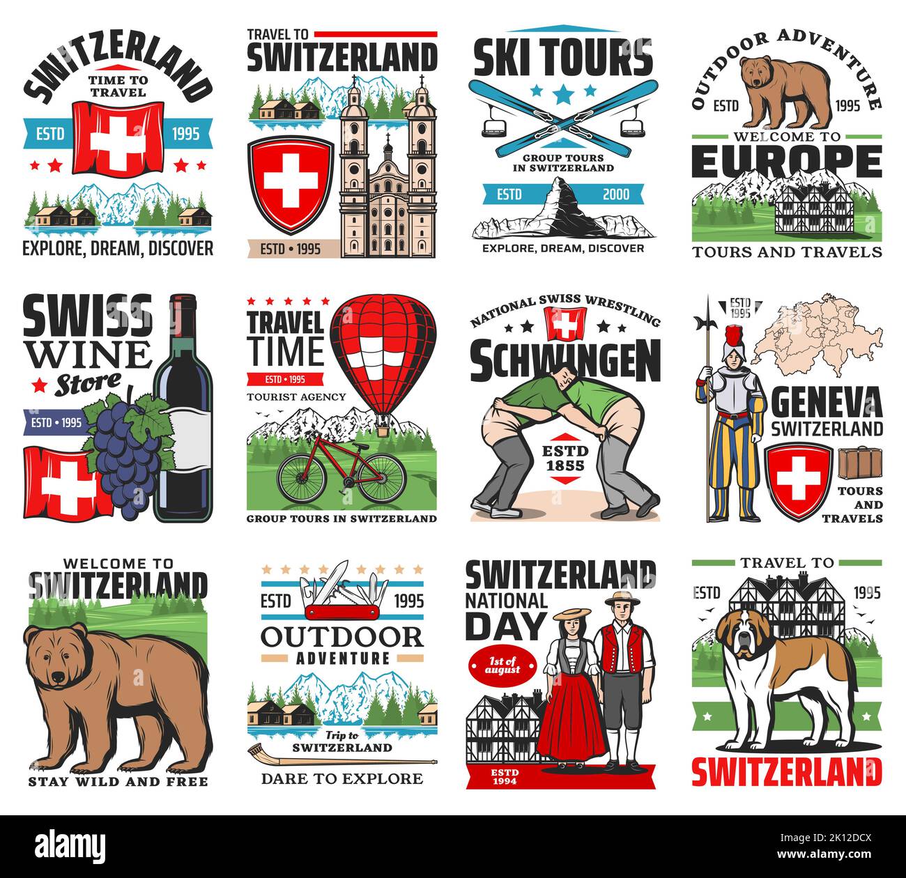 Sites touristiques de la Suisse, symboles culturels. Ours, chien Saint-Bernard et couteau de l'armée suisse, raisin, vin et sommet de Cervin, lutteurs de schwingen, aplhorn et ski, garde suisse, drapeau suisse Illustration de Vecteur