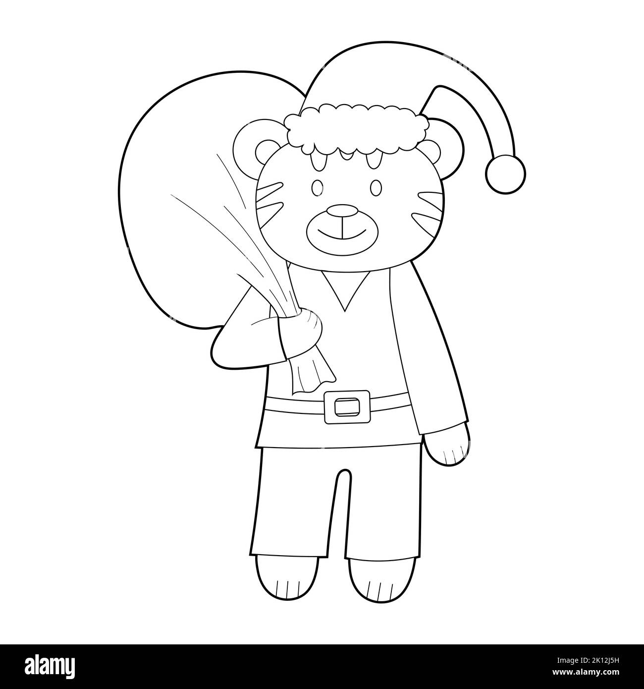 Un livre de coloriage pour les enfants, un dessin animé tigre en costume de Père Noël et avec un sac de cadeaux. Vecteur Illustration de Vecteur