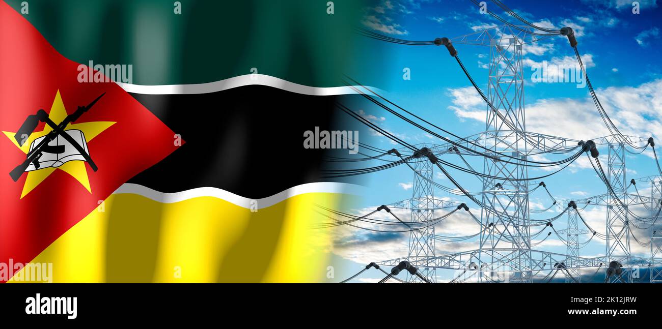 Mozambique - drapeau de pays et pylônes d'électricité - 3D illustration Banque D'Images