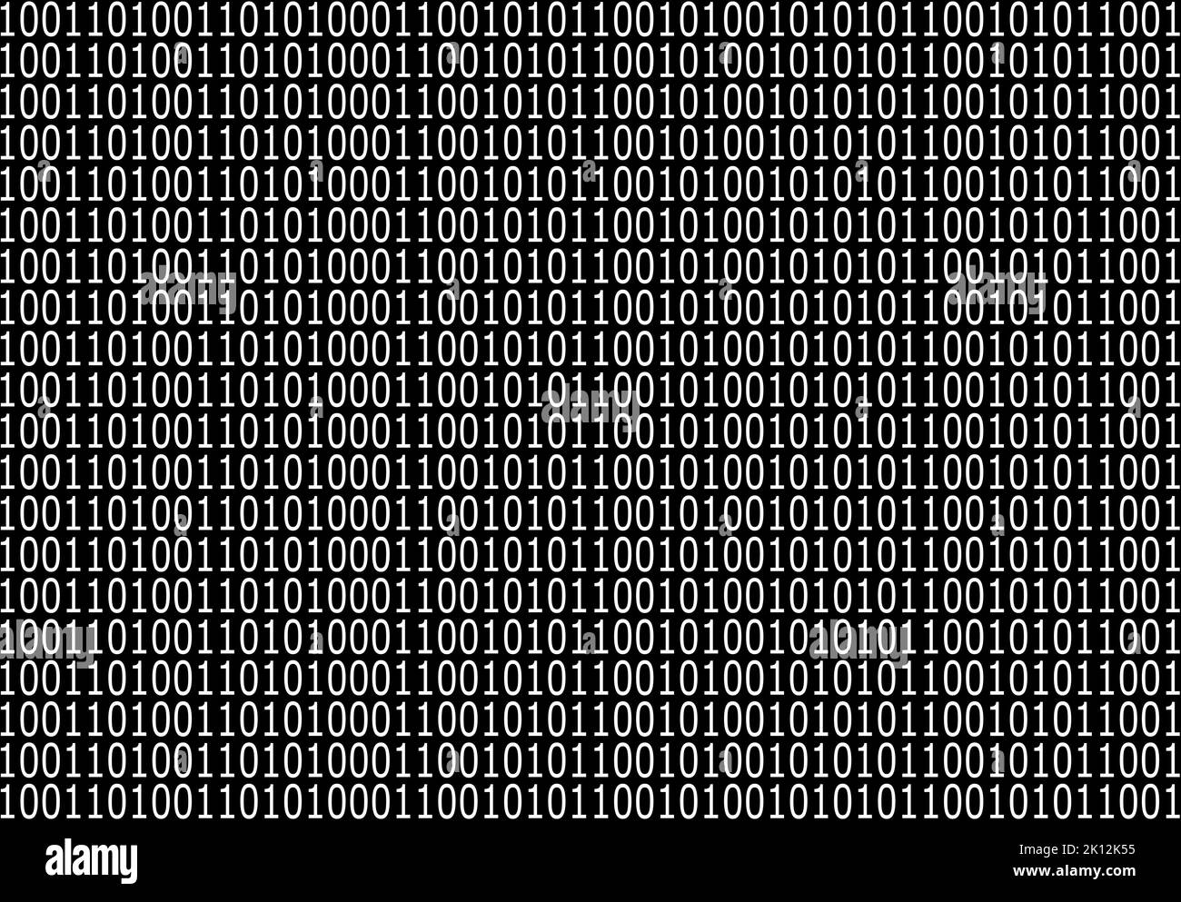 Code informatique ASCII binaire crypté sur fond noir. Ordinateur à code binaire noir et blanc. Banque D'Images