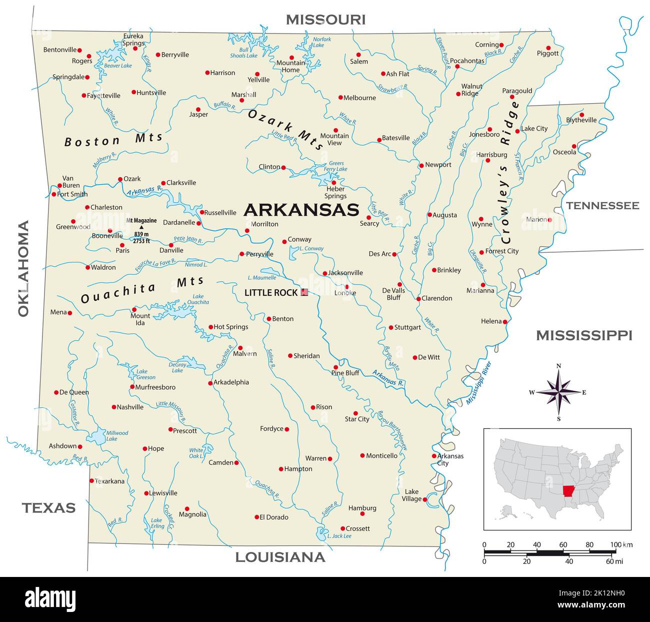 Carte physique très détaillée de l'état américain de l'Arkansas Banque D'Images