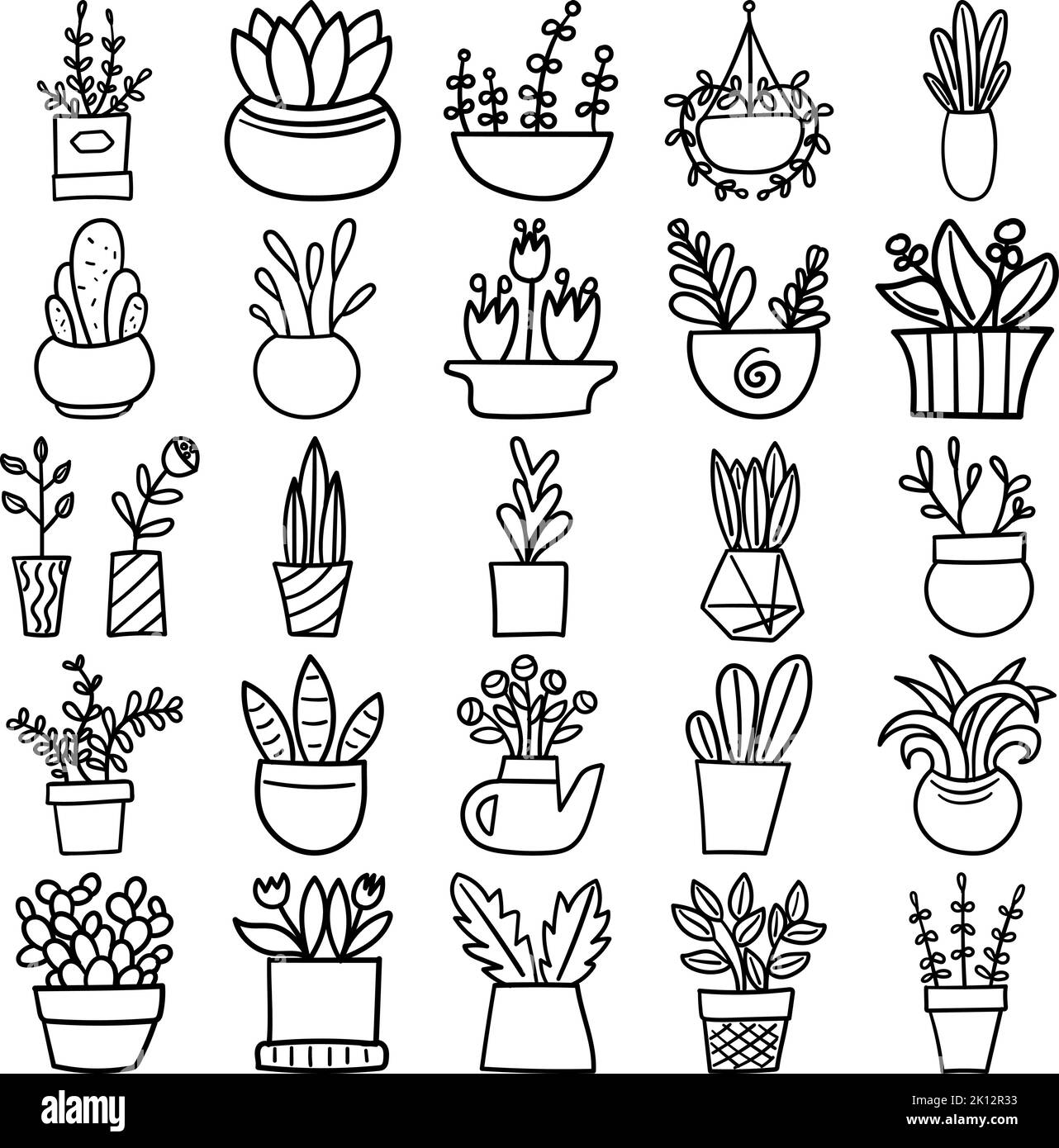 Pots à plantes Doodle Line Art Outline Set contenant pot à plantes, pots à plantes, pot à fleurs, contenant, pot, pot, urne, porte-fleurs, vase, carafe, Illustration de Vecteur