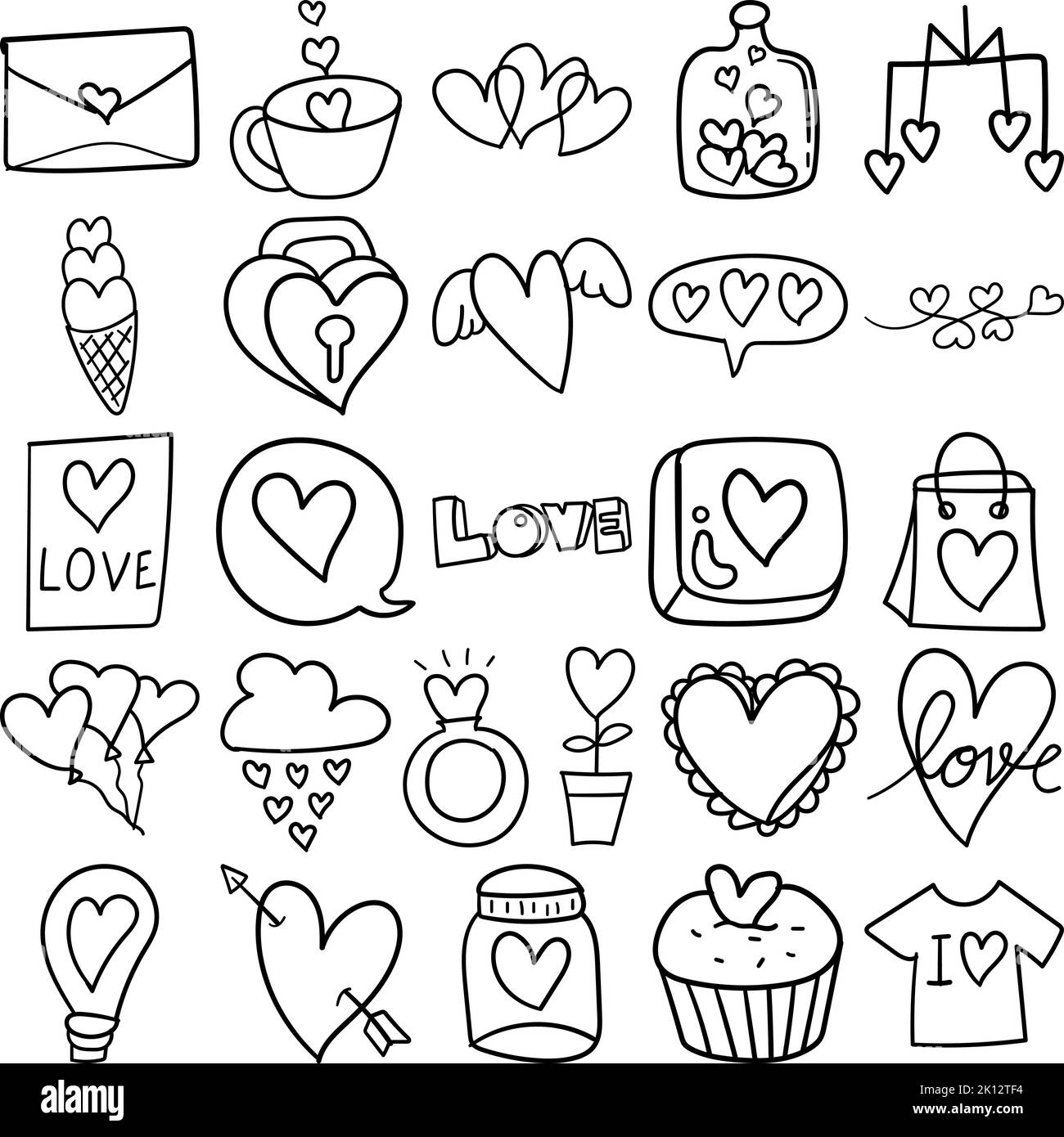 Love – ensemble de contour d'art en forme de lignes de Doodle dessinées à la main contenant de l'amour, de la Saint-Valentin, une carte, une enveloppe, un cœur, Cœurs, Lovesick, Lock, crème glacée, anneau, Flèche, Cupcake Illustration de Vecteur
