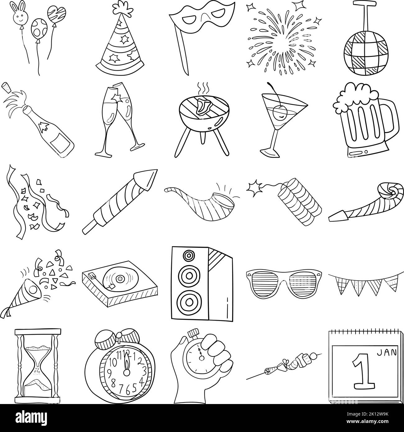 Nouvel an Doodle Line Art Outline Set dessiné à la main contenant des feux d'artifice, compte à rebours, chapeau de fête, Firecracker, champagne, Confettis, ballons, sablier Illustration de Vecteur