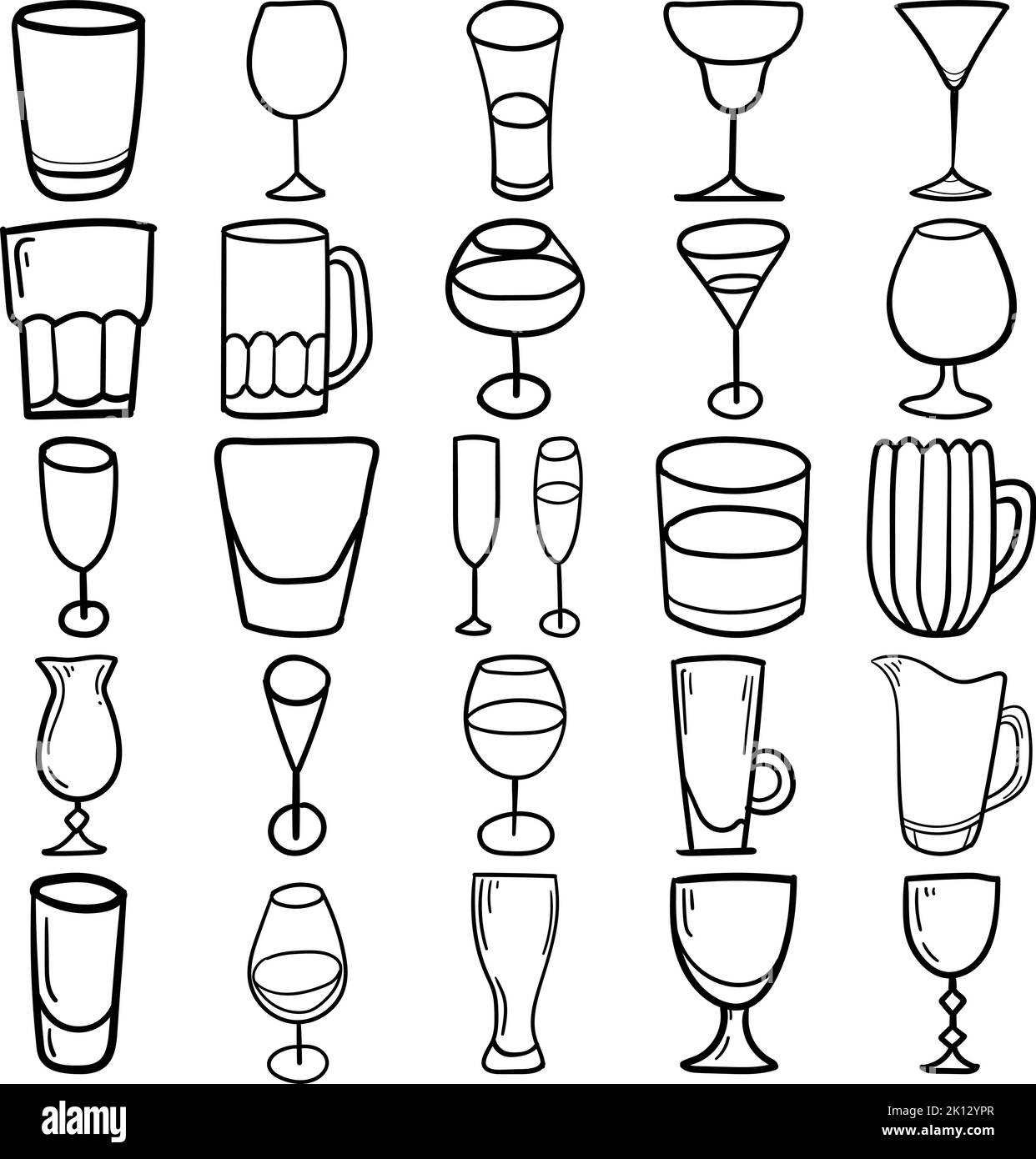Ensemble de contour d'art Doodle Line dessiné à la main en verre contenant du verre, des boissons, des boissons, des flûtes, des verres à vin rouge, Verre à vin blanc, verre Lowball, High ball Illustration de Vecteur