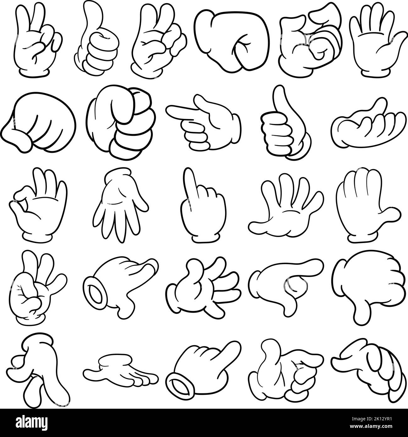 Ensemble de dessin animé à la main Doodle Line Art Outline contenant poing, poignée, paume, pêche homme, a-ok, a-trou, n'aime pas, élevé-cinq, parler à la main Illustration de Vecteur