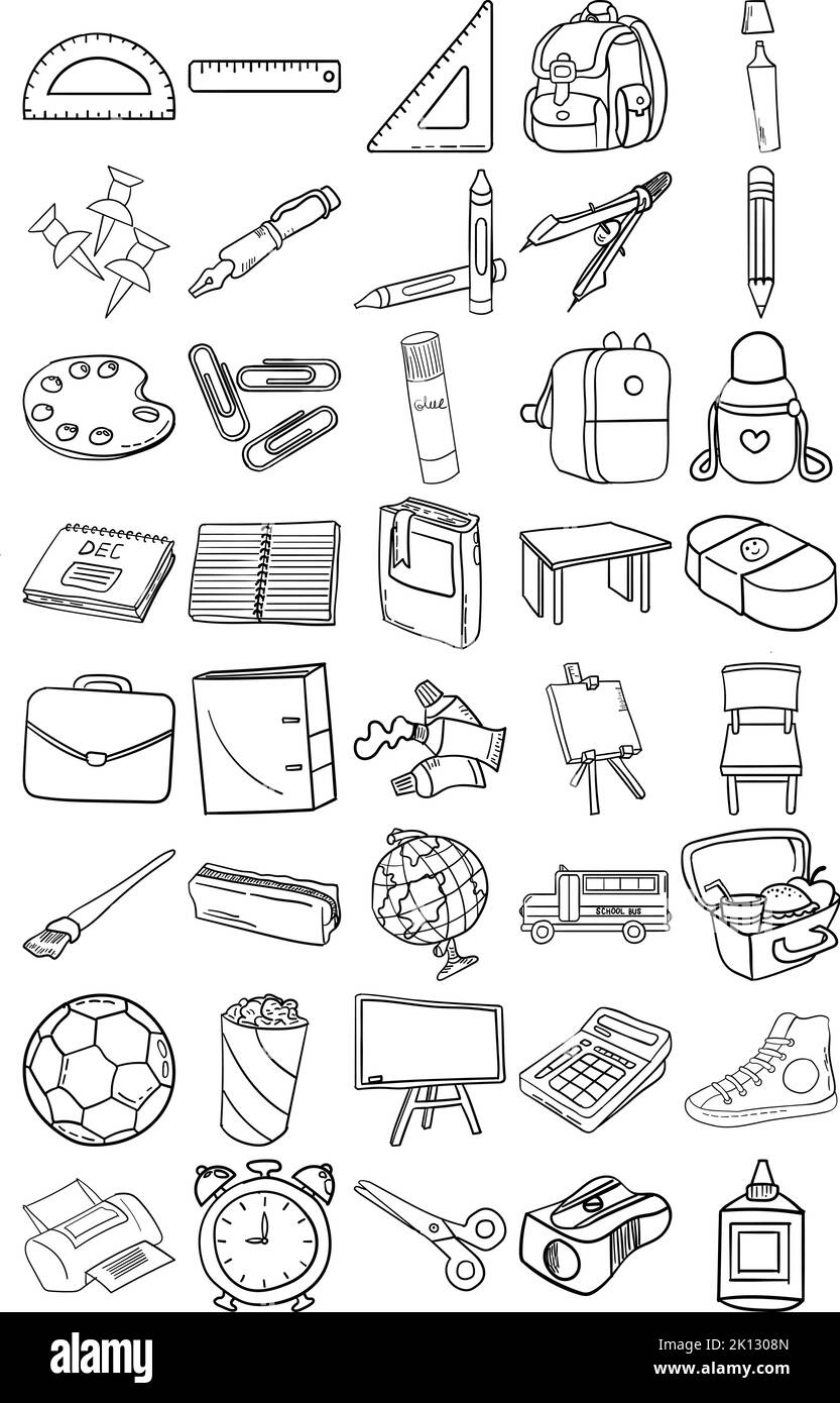 Retour à l'école Doodle Line Art Outline Set contenant un sac, un tableau noir, un livre, un cahier, un crayon, Crayon, gomme, règle, stylo, épingles, Bac Illustration de Vecteur