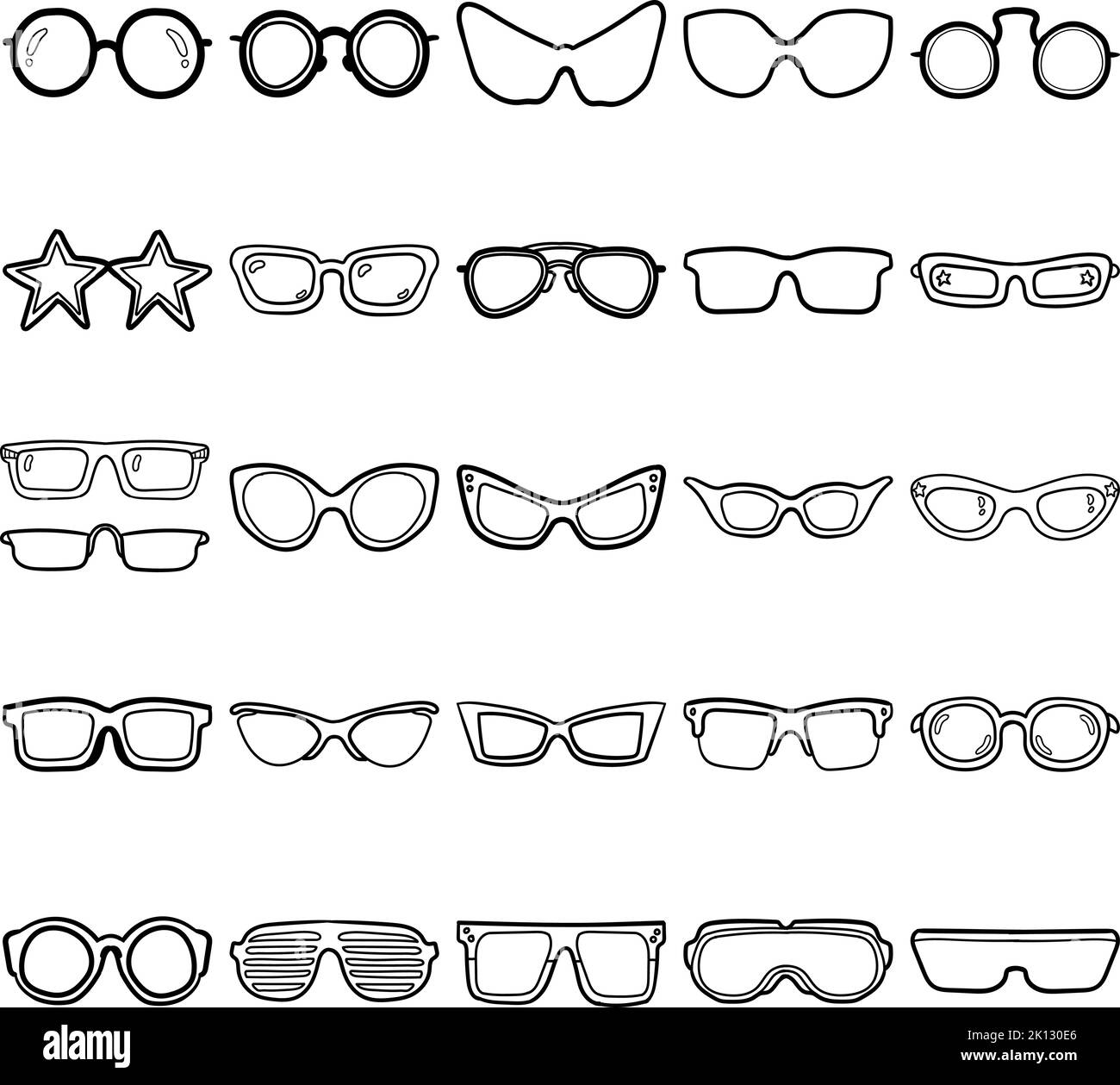 Lunettes dessin main Doodle Line Art ensemble de contour contenant des lunettes, des lunettes de soleil, des lunettes de vue, des lunettes, un cadre rond, Cadre ovale, cadre Boston Illustration de Vecteur