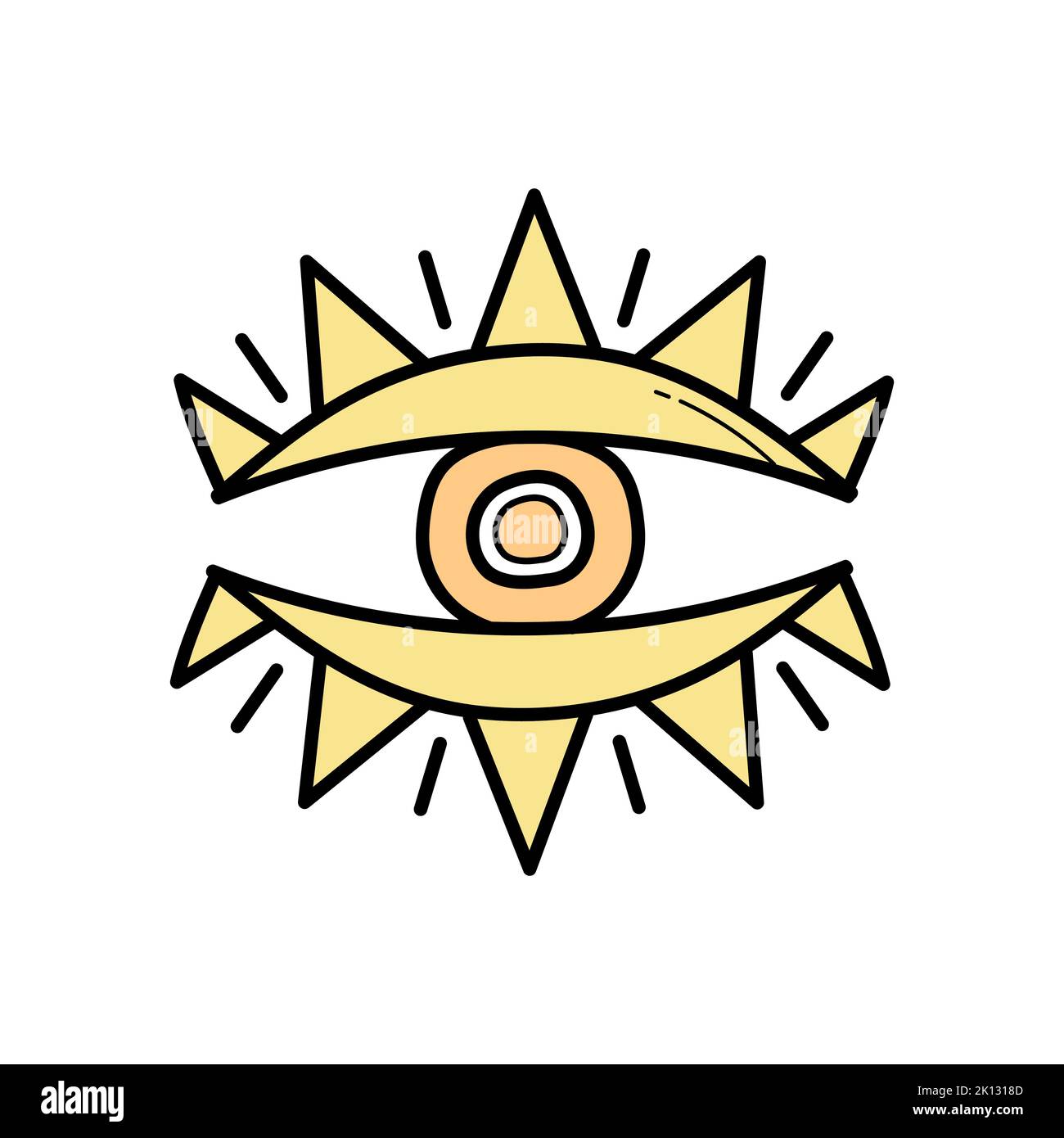 Symbole de boho mystique de l'œil. Signe zen abstrait pour le design. Icône Doodle simple de couleur jaune sur blanc. Illustration de Vecteur