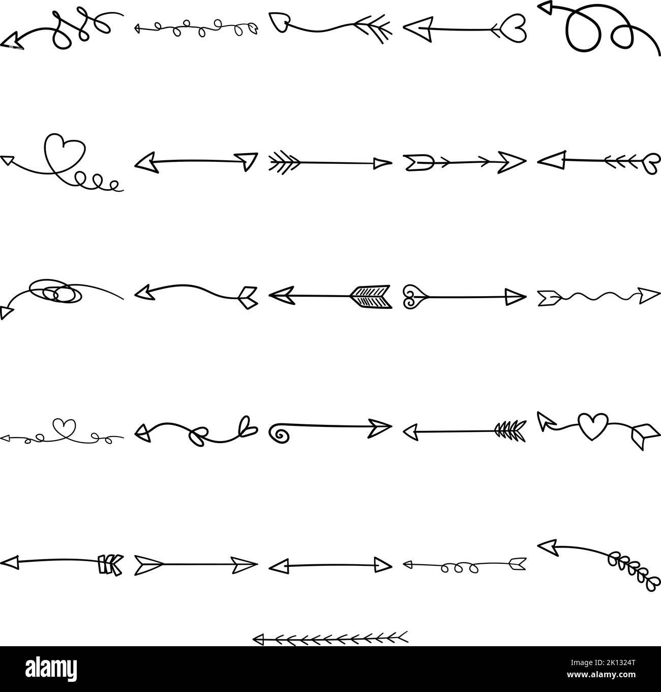 Flèches dessin à la main Doodle Line Art Outline Set contenant flèche, flèches, arc, curseur, fléchettes, missile, projectile, boulon, indicateur, pointeur, arbre Illustration de Vecteur
