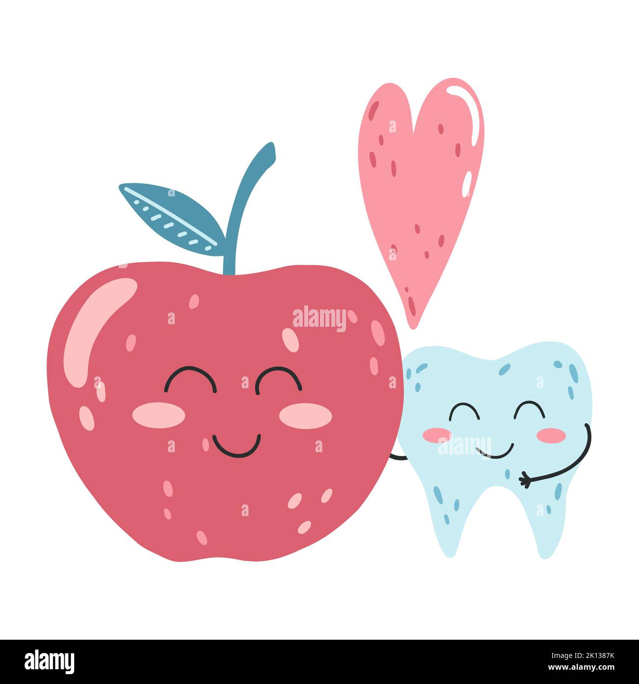 Dessin à la main mignon Kawaii dent personnage avec pomme et coeur. Dessin animé vecteur illustration des dents, concept de nourriture saine pour forte et propre Illustration de Vecteur