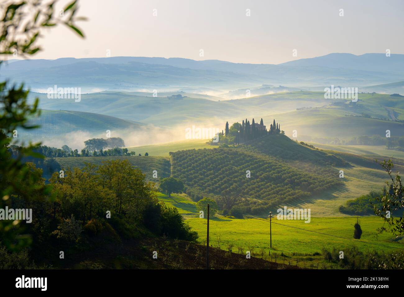Podere Belvedere ferme au printemps, Orcia Valley, Toscane, Italie, Europe Banque D'Images