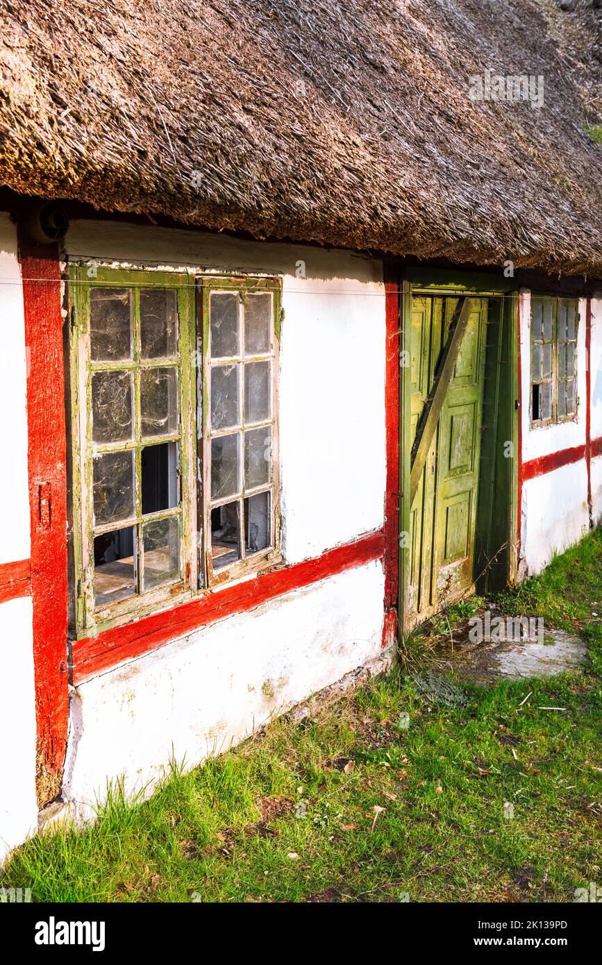 Détail de l'ancienne ferme danoise traditionnelle avec toit de chaume dans la campagne de la Zélande, la Zélande, le Danemark, la Scandinavie, l'Europe Banque D'Images