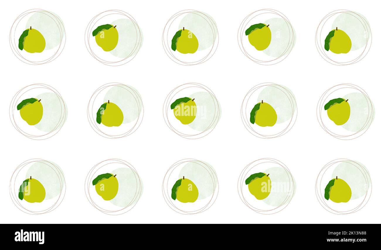 Motif fruit dans des couleurs vertes sur fond blanc. La main de coing vert clair dessine un motif sans couture sur un arrière-plan blanc isolé. Banque D'Images