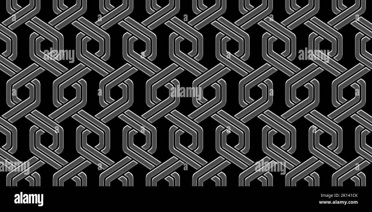 Texture d'arrière-plan de chaînette hexagonale tissée géométrique noir et argent sans couture. Décor moderne et élégant, abstrait et sombre, avec cadre métallique brillant Banque D'Images