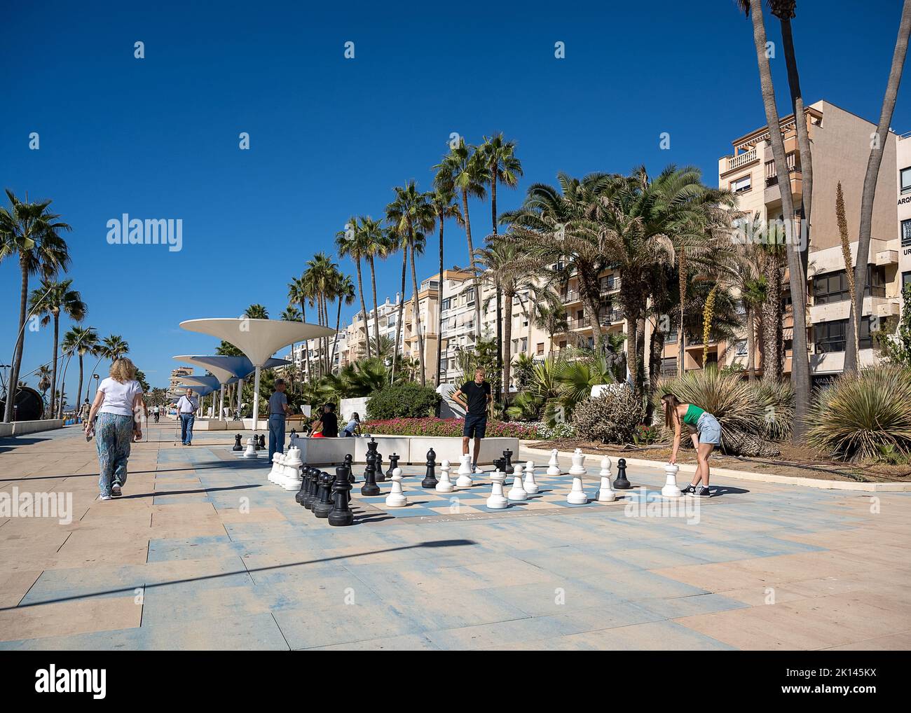 Une partie d'échecs sur le front de mer d'Estepona sur la Costa del sol dans le sud de l'Espagne. Une promenade bordée de palmiers, le Paseo Marítimo, longe la Playa de la Banque D'Images