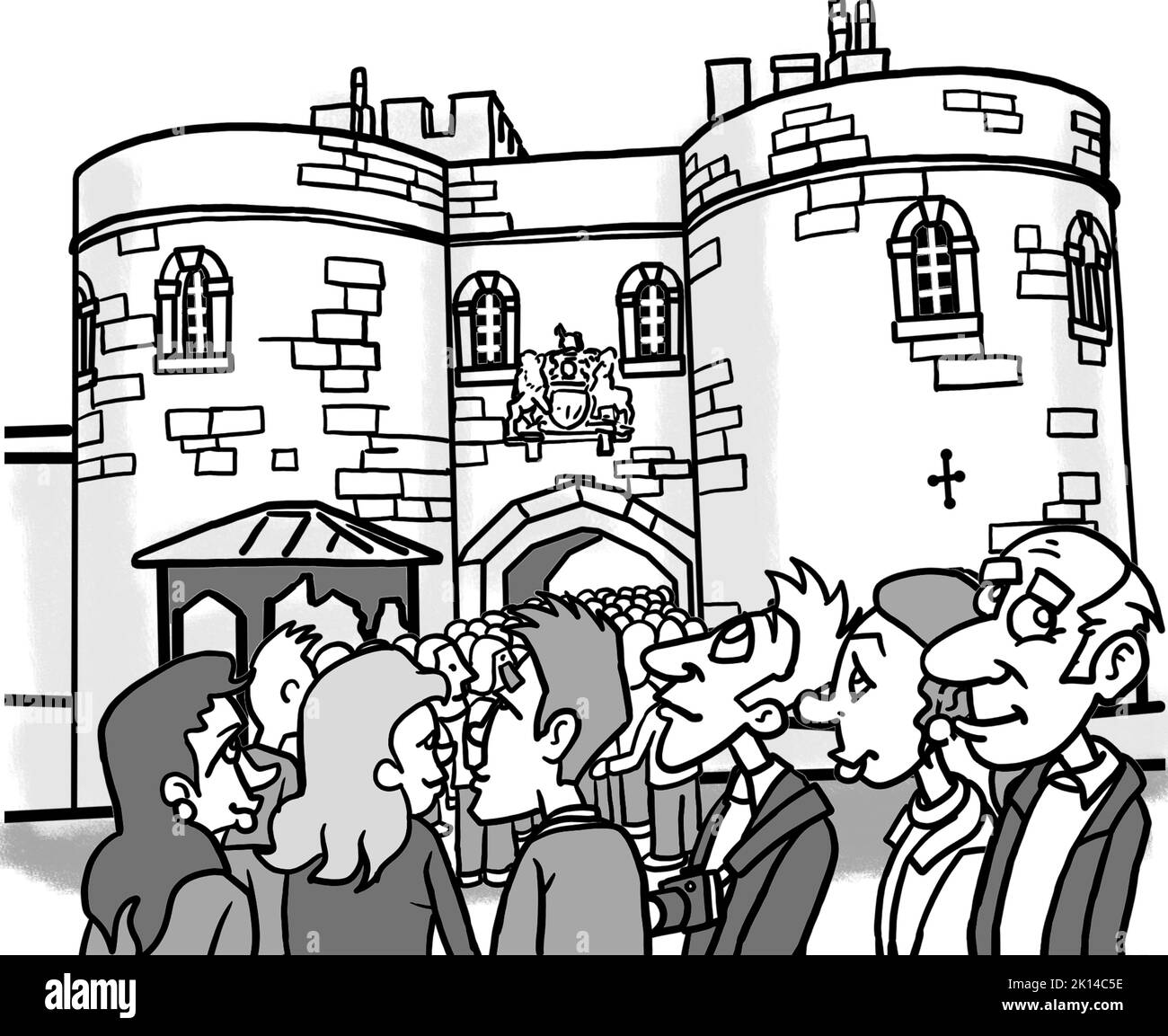 Dessin animé Gretscale montrant une file d'attente de touristes attendant de visiter le célèbre palais historique de Londres, la Tour de Londres sur la rive nord de la Tamise. Banque D'Images