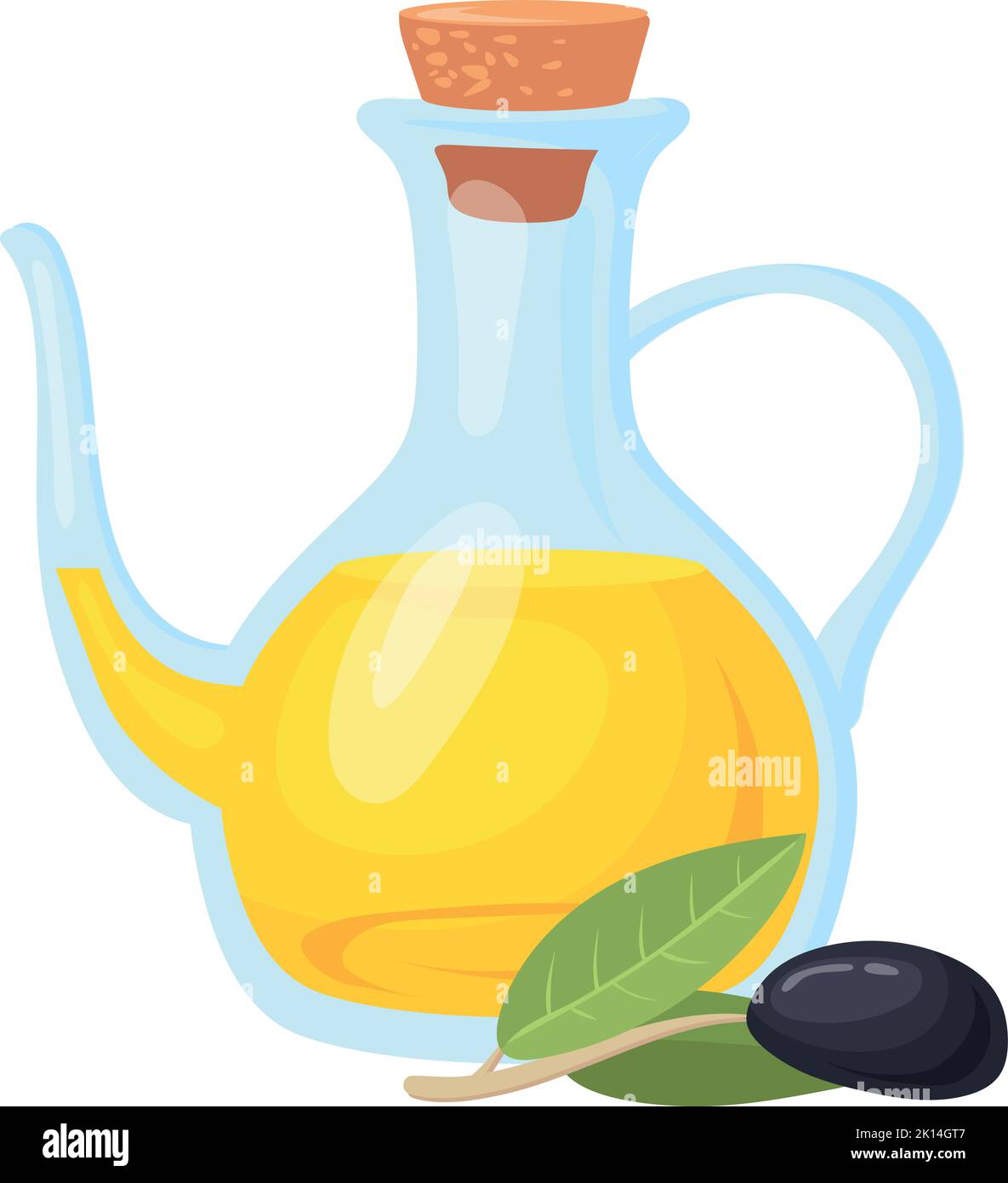 Carafe à l'huile d'olive avec baies et feuilles noires fraîches. Icône de dessin animé isolée sur fond blanc Illustration de Vecteur