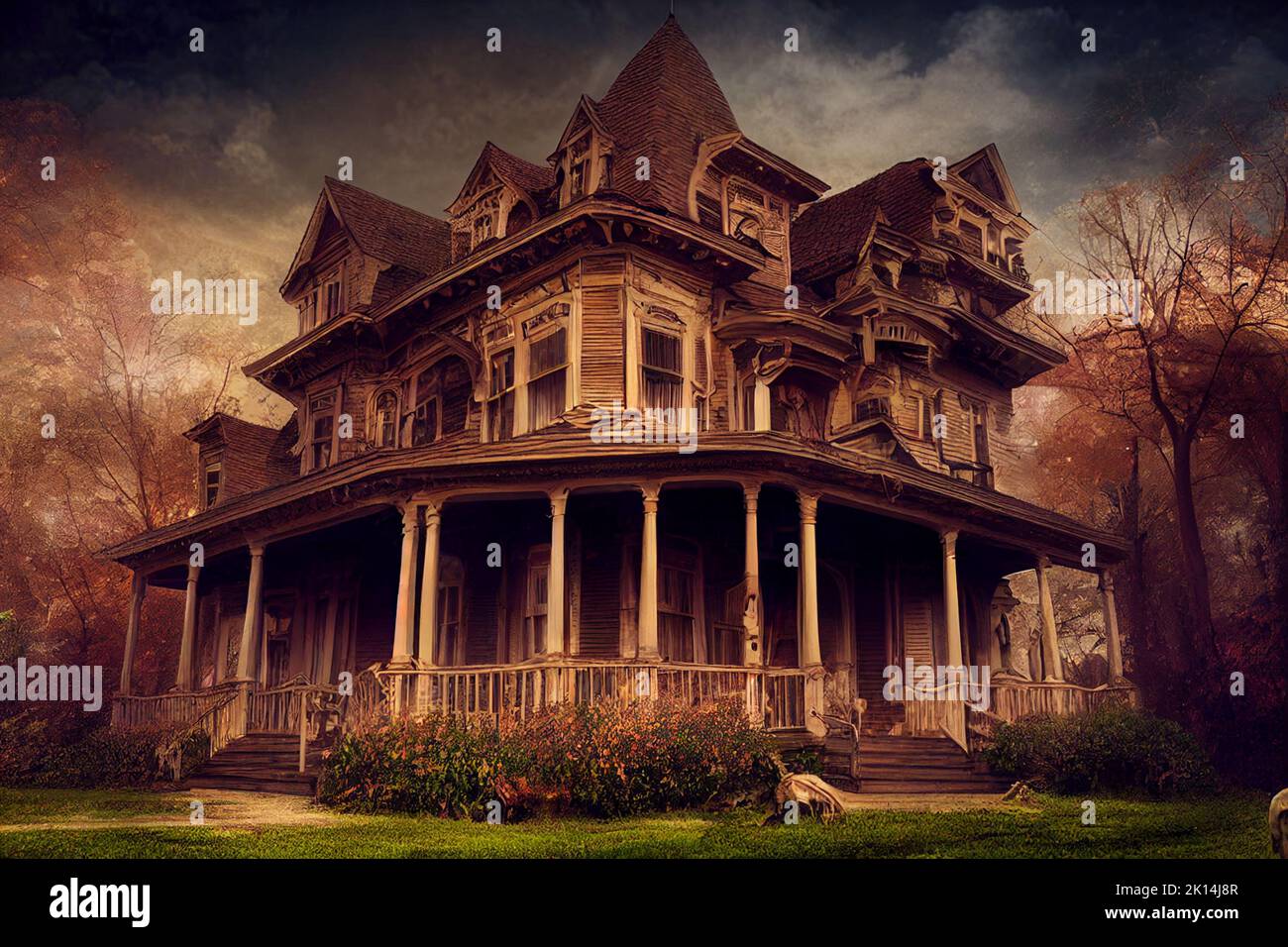 Halloween American Victorian Spooky House. Arrière-plan de l'art numérique Banque D'Images