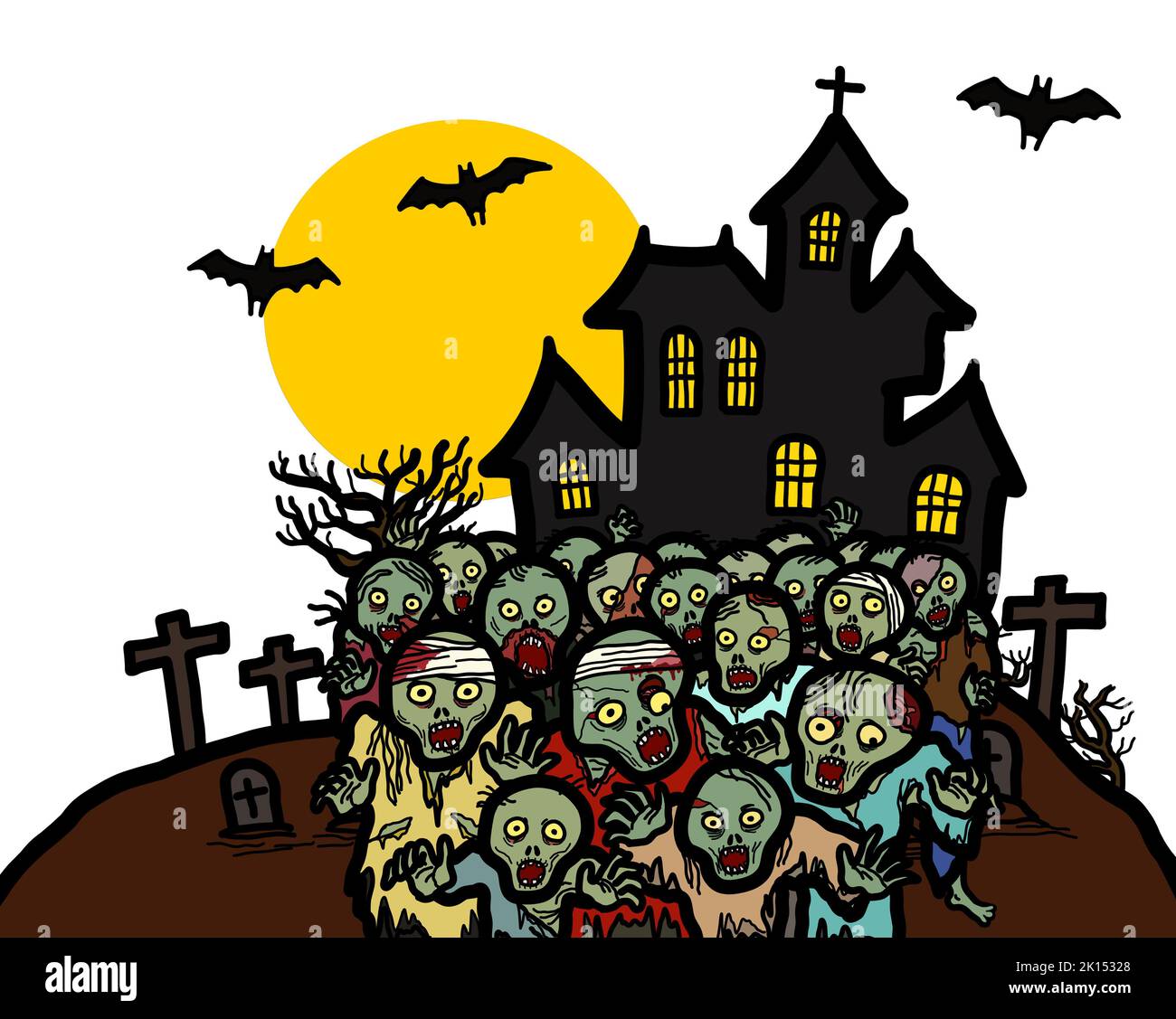 Un groupe de zombies qui marchent avec un arrière-plan hanté de maison d'Halloween. Un concept de cauchemar effrayant et effrayant. Banque D'Images
