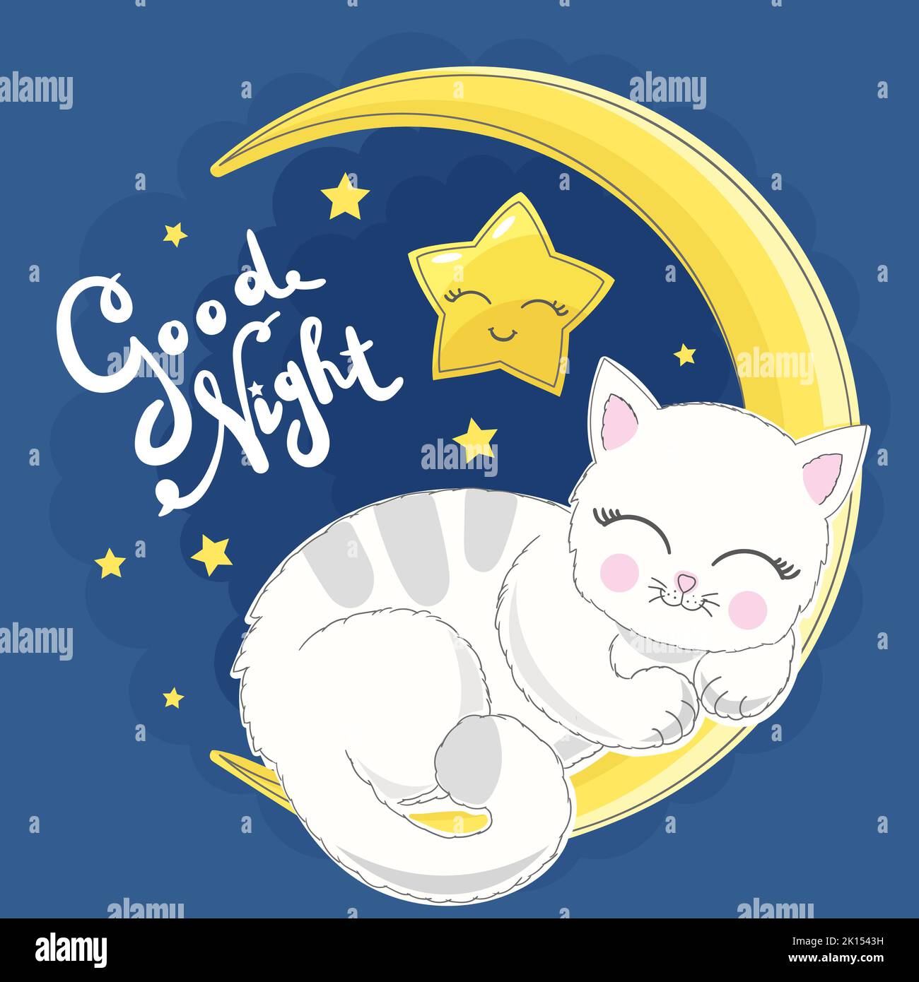 Un adorable petit chaton dormait sur la lune. Illustration du vecteur bébé. Illustration de Vecteur
