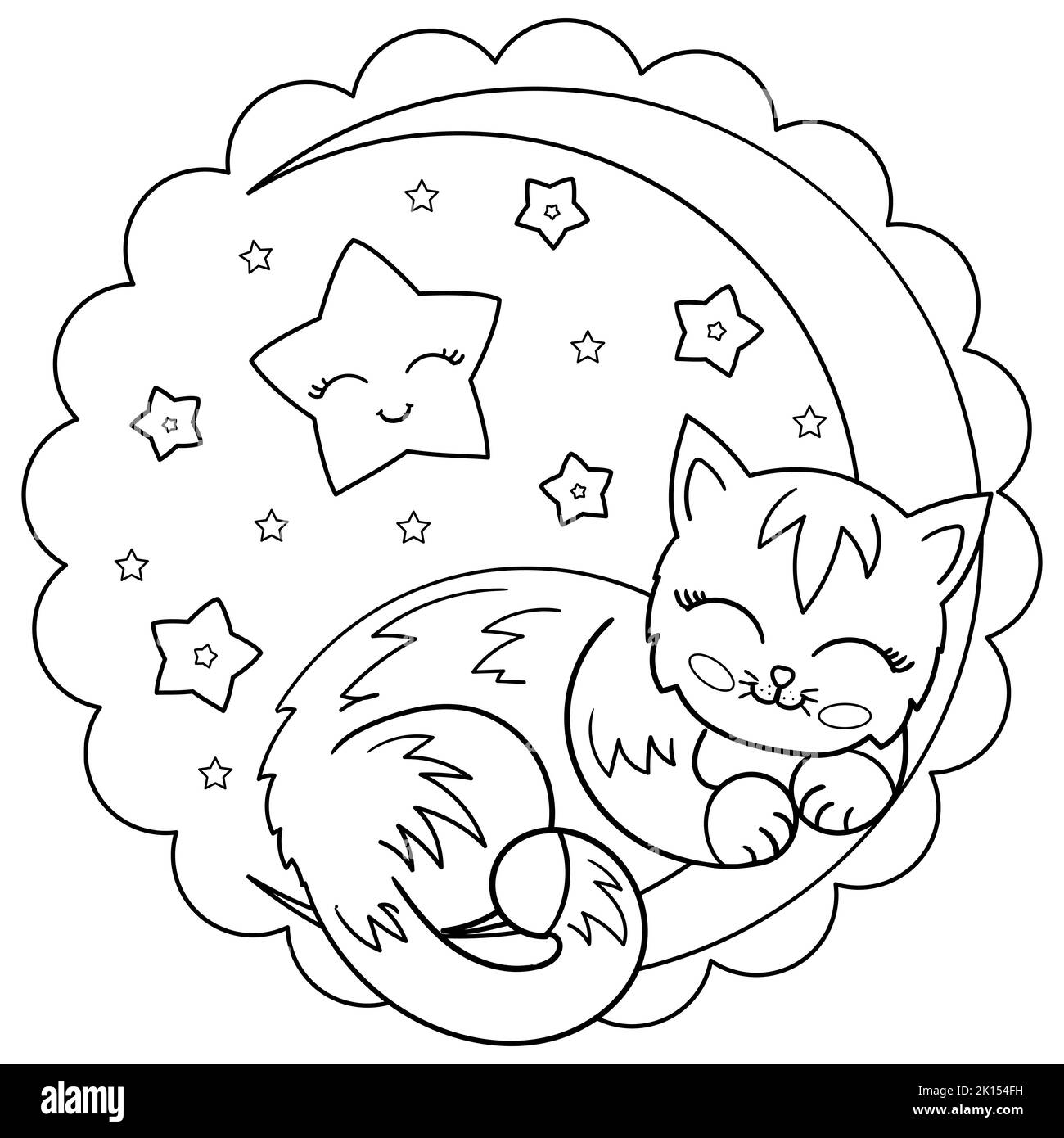 Le chaton dort sur la lune. Dessin vectoriel linéaire noir et blanc. Vecteur Illustration de Vecteur