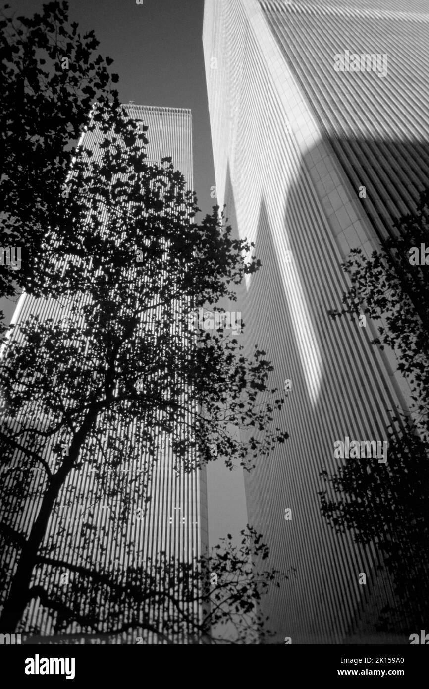 Les tours jumelles du WTC, World Trade Center, dominent pacifiquement les gratte-ciel de Lower Manhattan avant les attaques terroristes de 11 septembre. Banque D'Images