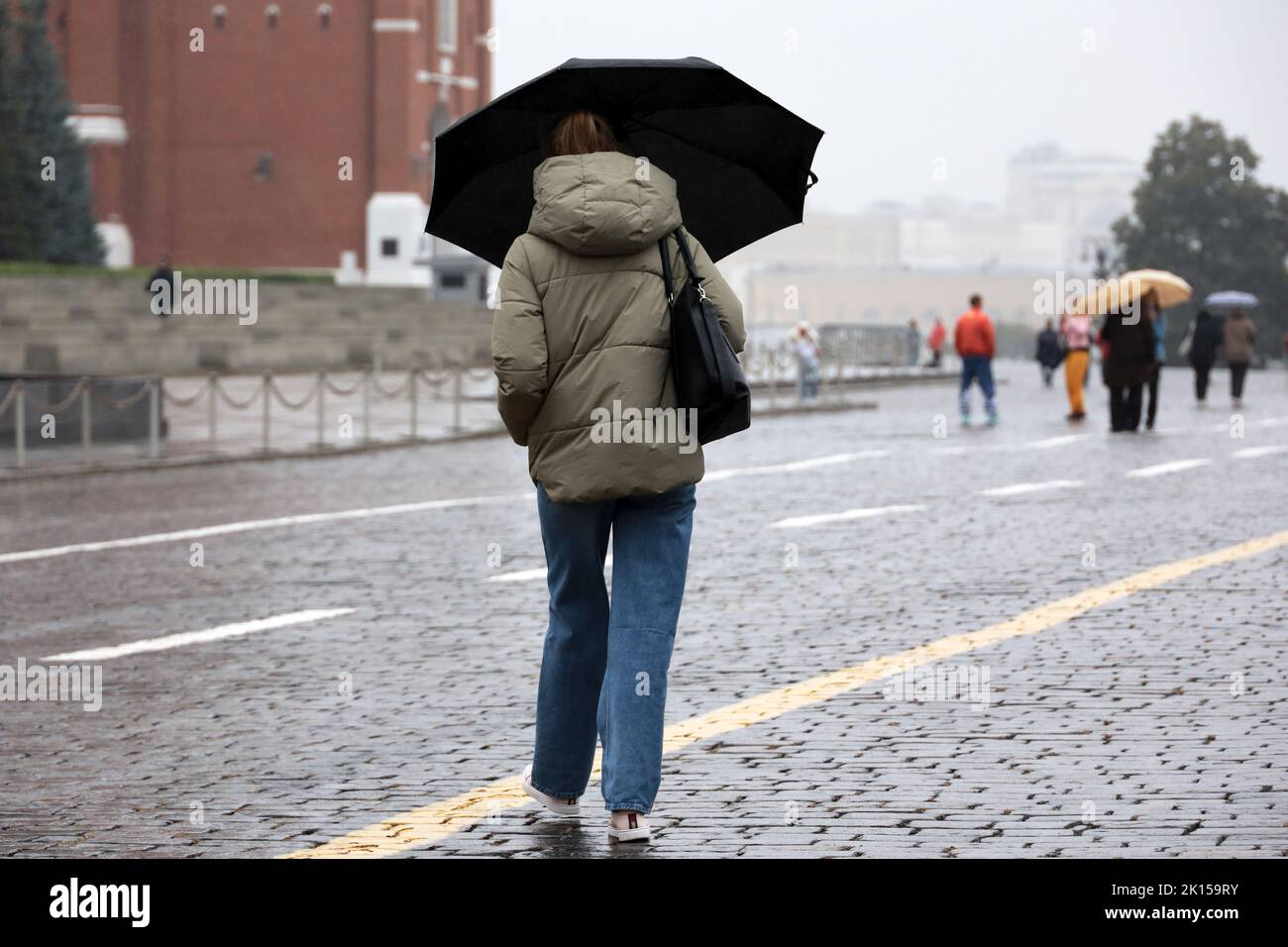 Pluie en ville, fille mince en Jean et veste marche avec parapluie noir sur une rue. Jour nuageux, temps pluvieux en automne Banque D'Images