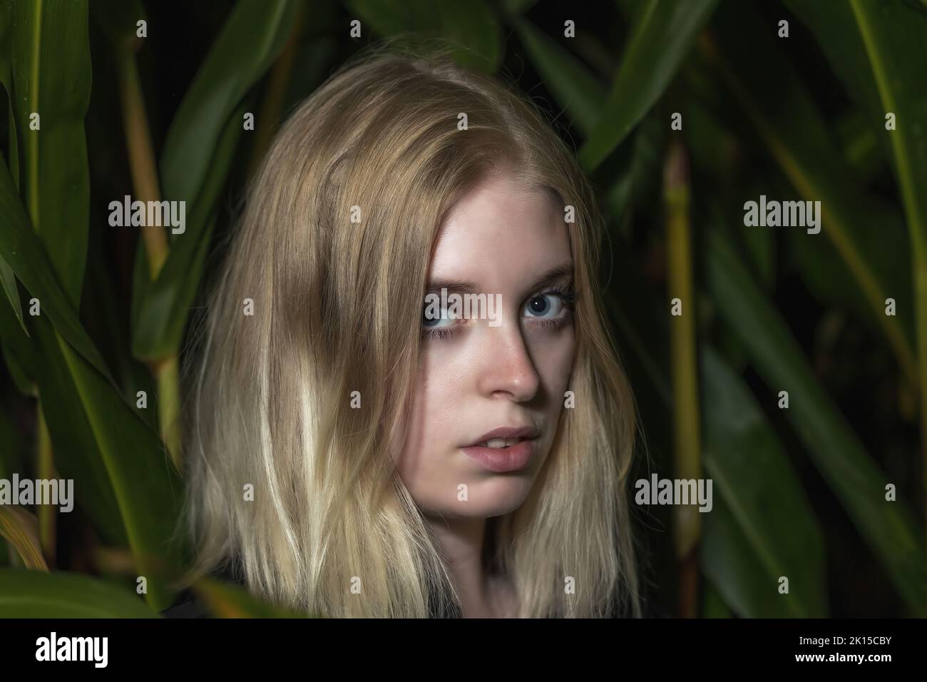 La jeune femme blonde pose parmi les plantes vertes. Horizontalement. Banque D'Images