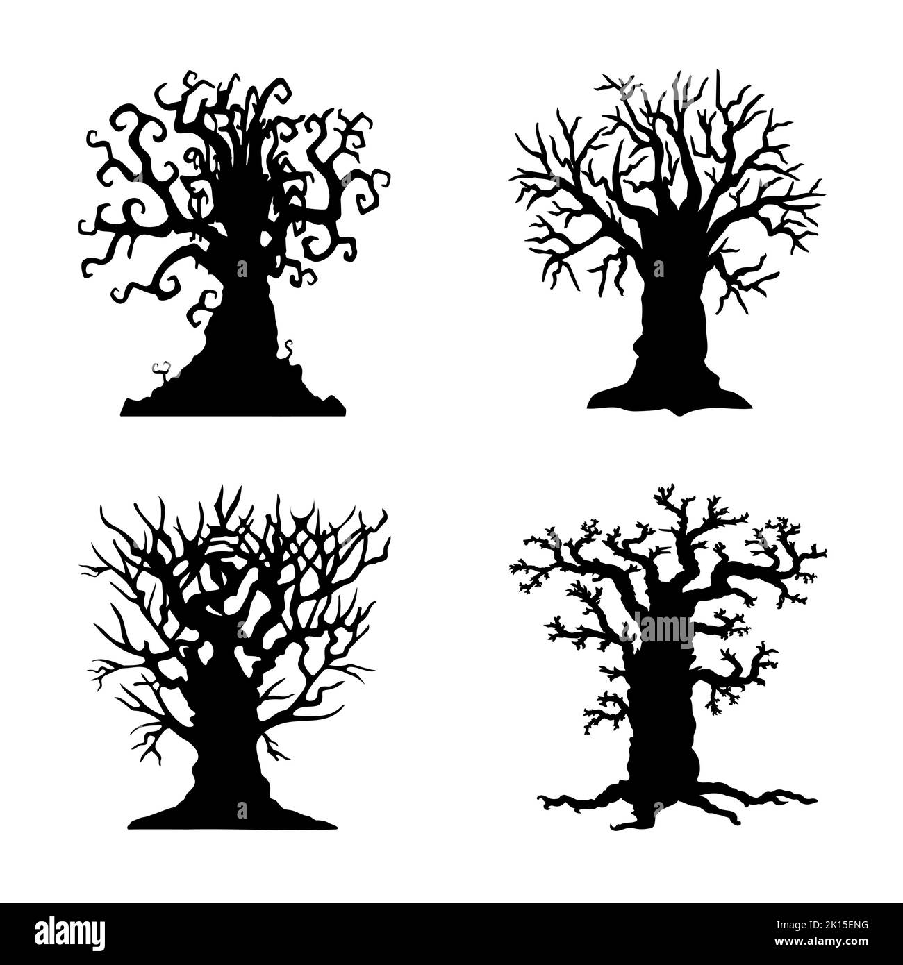 Ensemble d'icônes de scénario de styles de silhouette d'arbre d'Halloween effrayant Illustration de Vecteur